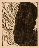 Ernst Ludwig Kirchner, Kopf van de Velde, dunkel - Schwarzer van de Velde-Kopf, 1917, Woodcut on blotting paper with watermark "ASOKA REGISTERED"