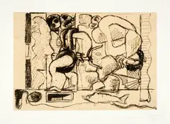 Deux pêcheuses avec épuisette et filet de pêche by Le Corbusier, 1935, Indian ink on thin paper, laid down on cardboard, sold Sep 2025