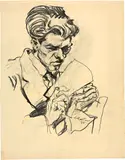 Ludwig Meidner, Portrait Raoul Hausmann, im Profil nach rechts, mit einem Buch in der Hand, 1913, Graphite pencil over charcoal on wove paper