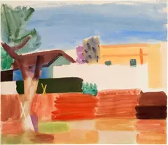 Louis Moilliet, Gelbes Haus in Karthago (Komposition mit Baum und Häusern), 1929, Watercolour on wove paper, laid down on backing cardboard by the artist