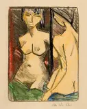 Otto Mueller, Mädchenakt vor dem Spiegel, 1924, Lithograph overdrawn with colour pencil and traces of watercolour on lightly hammered laid paper