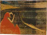 Edvard Munch, Melancholie II - Melancholy II, 1898, Colour woodcut, hand-coloured on brownish paper, mounted on light cardboard