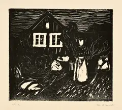 Vor dem Haus. Mondschein - Outside the House. Moonlight by Edvard Munch, Probably 1901, Woodcut on wove paper, sold Sep 2025