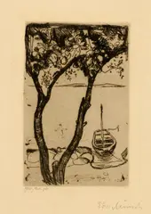 Landschaft mit einem Boot - Landscape with Boat by Edvard Munch, 1900, Etching and drypoint on strong, cream-coloured paper, sold Sep 2025