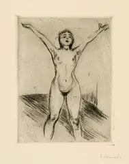 Stehender Akt mit erhobenen Armen - Nude Standing with Raised Arms by Edvard Munch, 1914, Drypoint on cream-coloured wove paper, sold Sep 2025