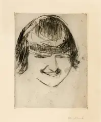Lachende junge Frau mit Stirnlocken - Laughing Young Woman with a Fringe by Edvard Munch, 1916-1920, Drypoint on sturdy Van Gelder laid paper with watermark, sold Sep 2025