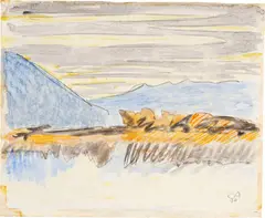 Cuno Amiet, Blick von Gunten über den Thunersee mit Niesen und Stockhornkette, 1930, Watercolour over pencil on watercolour paper
