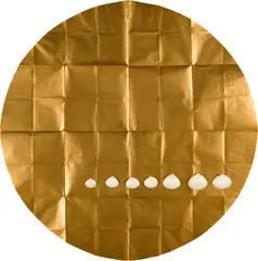 James Lee Byars, Home, 1980, Gold paper, folded several times, inscribed in pencil and with 7 shells in ascending size