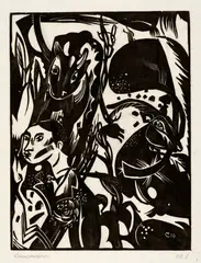 Männliche Halbfigur mit Kuh und Ziege by Heinrich Campendonk, 1916, Woodcut on thin china paper, sold Sep 2025