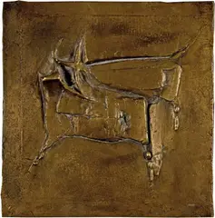 Franz Fischer, Werk 537 - Zwei Stiere, 1960, Bronze relief, fixed on black wooden frame