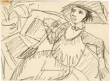 Ernst Ludwig Kirchner, Frau in grossem Hut in Gartencafé, 1912-1914, Pencil drawing on wove paper