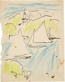 Ernst Ludwig Kirchner, Segelboote auf dem Müggelsee, 1912, Coloured chalk over pen and ink drawing on wove paper