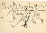 Ernst Ludwig Kirchner, Eishockeyspieler, rückseitig drei weitere Skizzen zu Eishockeyspielern, 1933/1934, Pen and ink drawing on wove paper