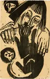 Ernst Ludwig Kirchner, Frau mit Katze, 1920, Woodcut on postcard