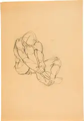 Anton Kolig, Kauernder männlicher Akt, Pencil drawing on cream-coloured drawing paper