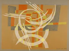 Leo Leuppi, Ohne Titel, 1959, Coloured chalks, colour pencil, ballpoint pen and collage on strong, grey-black wove paper