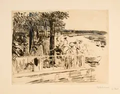 Restaurant am Wasser (De Vink bei Leiden) by Max Liebermann, 1911, Drypoint, extensively reworked with bluish ink, white chalk and charcoal, on paper with watermark "Strathmore Japan", sold Sep 2025