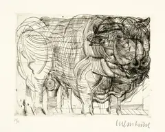 Bernhard Luginbühl, Stier. - Nashorn, 1954 and 1960, Copper engraving on wove paper and wood engraving on nacré imitation Japan paper