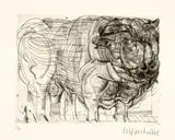 Bernhard Luginbühl, Stier. - Nashorn, 1954 and 1960, Copper engraving on wove paper and wood engraving on nacré imitation Japan paper