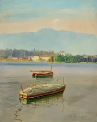 Otto Alexander Pilny, Boote auf dem Zürichsee mit Blick auf den Uetliberg, 1920, Oil on canvas
