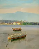 Otto Alexander Pilny, Boote auf dem Zürichsee mit Blick auf den Uetliberg, 1920, Oil on canvas