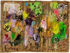 Jean Tinguely, Neujahrsgruss an Emma und Gwynne Rivers, 1982, Mixed media and collage on cardboard