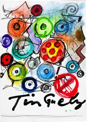 Jean Tinguely, Ohne Titel (Entwurf zum Plakat der Ausstellung "Tinguely in München"), 1985, Felt-tip pen, coloured chalk, pastel, watercolour, gouache and pencil on heavy wove paper