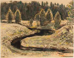 Charles l'Eplattenier, Landschaft mit Bachlauf im Jura, 1939, Colour pencil on Ingres laid paper