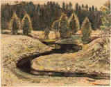 Charles l'Eplattenier, Landschaft mit Bachlauf im Jura, 1939, Colour pencil on Ingres laid paper