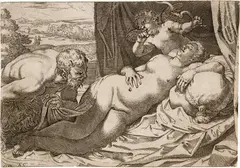 Annibale Carracci, Venus und Satyr, 1592, Etching and copper engraving on laid paper with watermark "Kreuz mit zwei Buchstaben im Kreis"