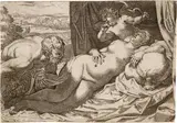 Annibale Carracci, Venus und Satyr, 1592, Etching and copper engraving on laid paper with watermark "Kreuz mit zwei Buchstaben im Kreis"