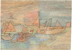 Paul Klee, Dampfer und Segelboote, am frühen Morgen, 1931- work number 1931.197 (T 17), Watercolour and chalk on wove paper, laid down on cardboard