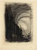 Käthe Kollwitz, Bewaffnung in einem Gewölbe, 1906, Charcoal on beige laid paper