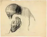 Käthe Kollwitz, Frauenkopf und rechte Hand, 1903, Black chalk on beige laid paper