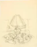 Alberto Giacometti, Lampe et tabatières sur le bureau d'Olivier Larronde, 1958, Pencil drawing, worked with rubber, on wove paper