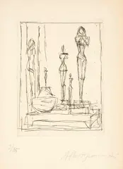 Sculptures et bol dans l’atelier II by Alberto Giacometti, 1949/1950, Etching on wove paper, sold Sep 2024