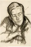 Giovanni Giacometti, Porträt von Diego mit verschränkten Armen, Circa 1918, Drawing in black charcoal on laid paper with watermark "MBM INGRES D'ARCHES"