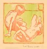 Giovanni Giacometti, I figli della luce – Sonnenkinder, 1913, Colour woodcut on thin, cream-coloured wove paper. Drawing block printed in red, background in light green