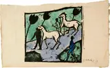 Erich Heckel, Weisse Pferde (Schwemme / Zur Schwemme), 1912, Colour woodcut on laid paper