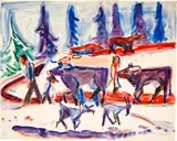 Ernst Ludwig Kirchner, Zwei Hirten mit Kühen und Ziegen (Alpaufzug), 1921, Watercolour over pencil on firm wove paper
