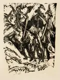 Schnitter, zu Berg gehend (Aufsteigende Mäher) by Ernst Ludwig Kirchner, 1918, Woodcut on blotting with watermark "ASOKA REGISTERED", sold Sep 2024