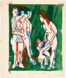 Nackte Frauen und Kinder by Ernst Ludwig Kirchner, 1925, Colour woodcut on firm Japan. Print of 3 sticks in blue, red and green, sold Sep 2024