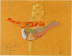 Le Corbusier, Étude de la main ouverte avec personnage dans sa paume, 1954, Pen, black pencil, colour pencil and pastel on firm paper, mounted on wooden panel
