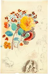 Odilon Redon, Feuille d’études - Bouquet - Studienblatt mit gelber Rose, Köpfen, Figuren und zwei Pferden, After 1900, Watercolour, pencil and bister on firm wove paper