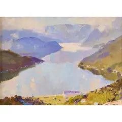 Rubery Bennett, Mountain Lake Landscape, oil on board