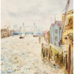 Tessa Perceval, Tower Bridge from Wapping, 1976, oil on canvas board