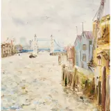 Tessa Perceval, Tower Bridge from Wapping, 1976, oil on canvas board