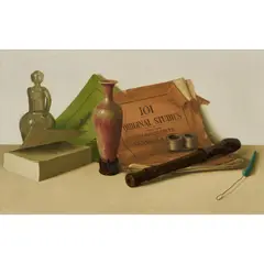 Ross Harvey, Still Life with Recorder, Vase and Books, oil on board