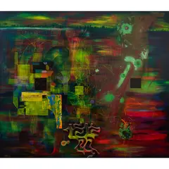 Dale Frank, The Picturesqueness of those crazies and the spinning Views No. 4, 1986, oil and mixed media on canvas and collage