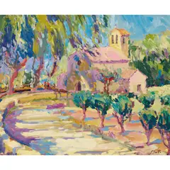 Jeffrey Pratt, Church at Vaugines, oil on board